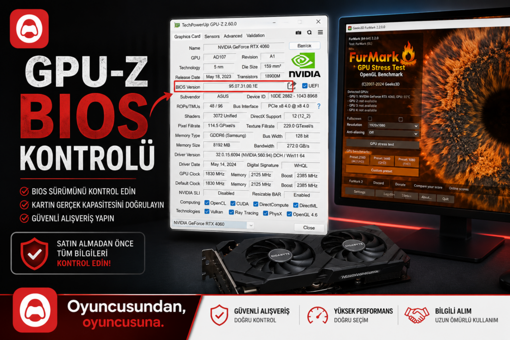 Ekran kartı GPU-Z bilgileri ve FurMark test ekranı