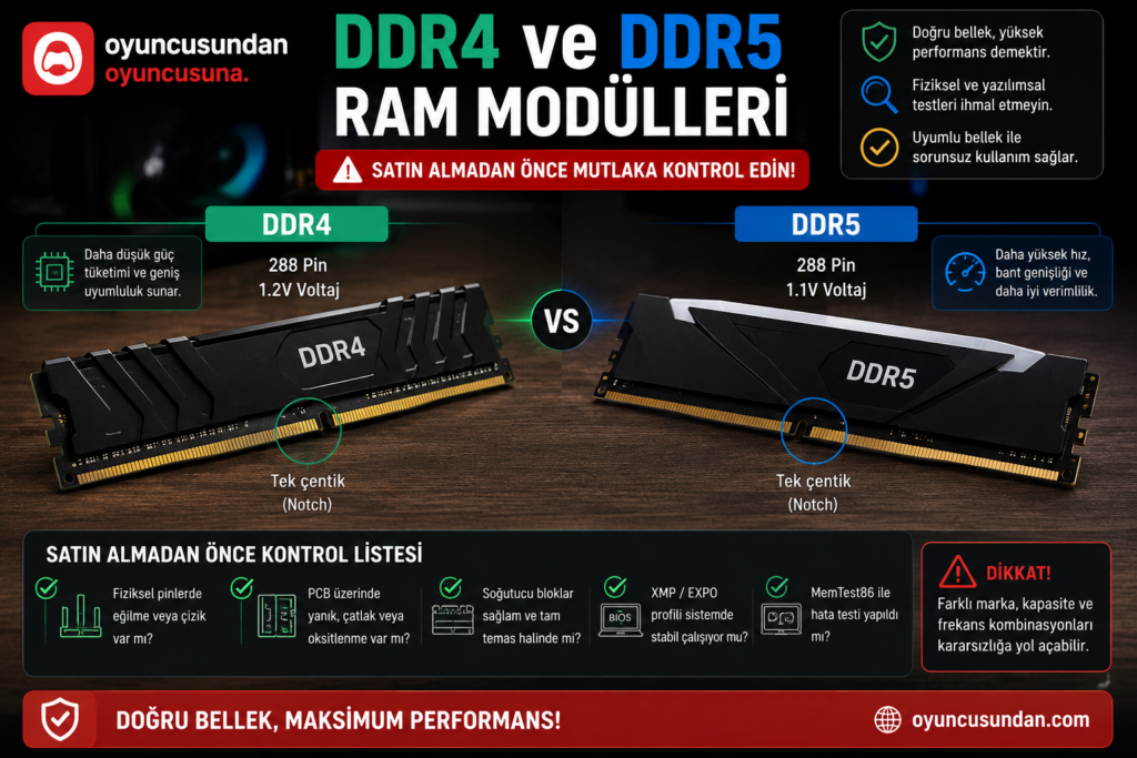 İkinci el DDR4 ve DDR5 RAM bellek modülleri yan yana