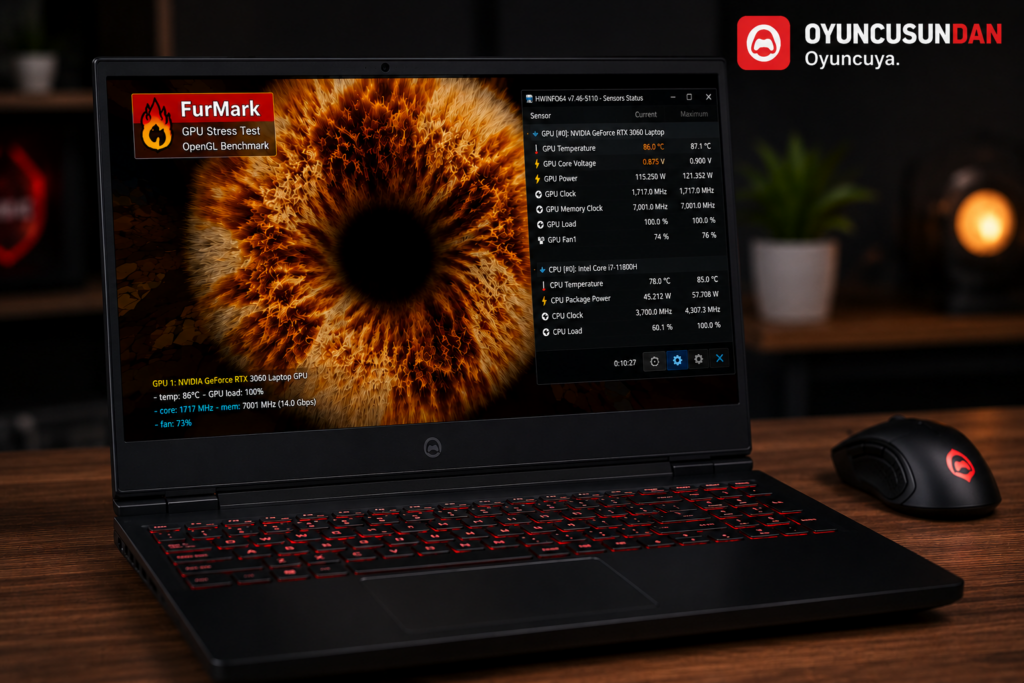 İkinci el oyuncu laptop FurMark ekran kartı stress testi