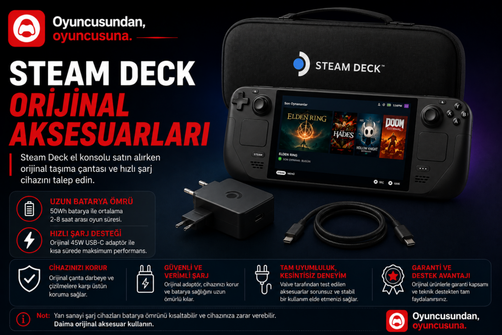 Steam Deck batarya ve hızlı şarj adaptörü aksesuarları