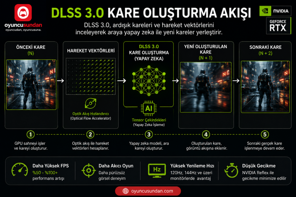 DLSS 3.0 Frame Generation kareler arası yapay zeka interpolasyon şeması