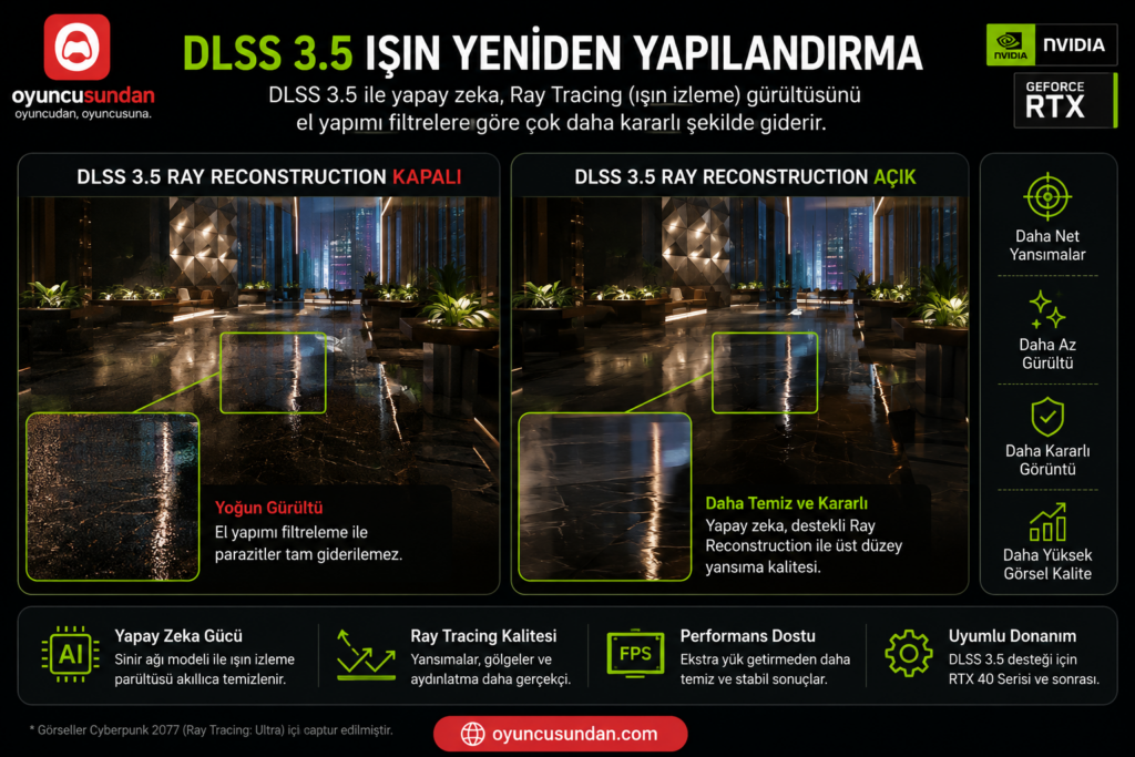 DLSS 3.5 Ray Reconstruction kapalı açık Ray Tracing (ışın izleme) yansıma farkı