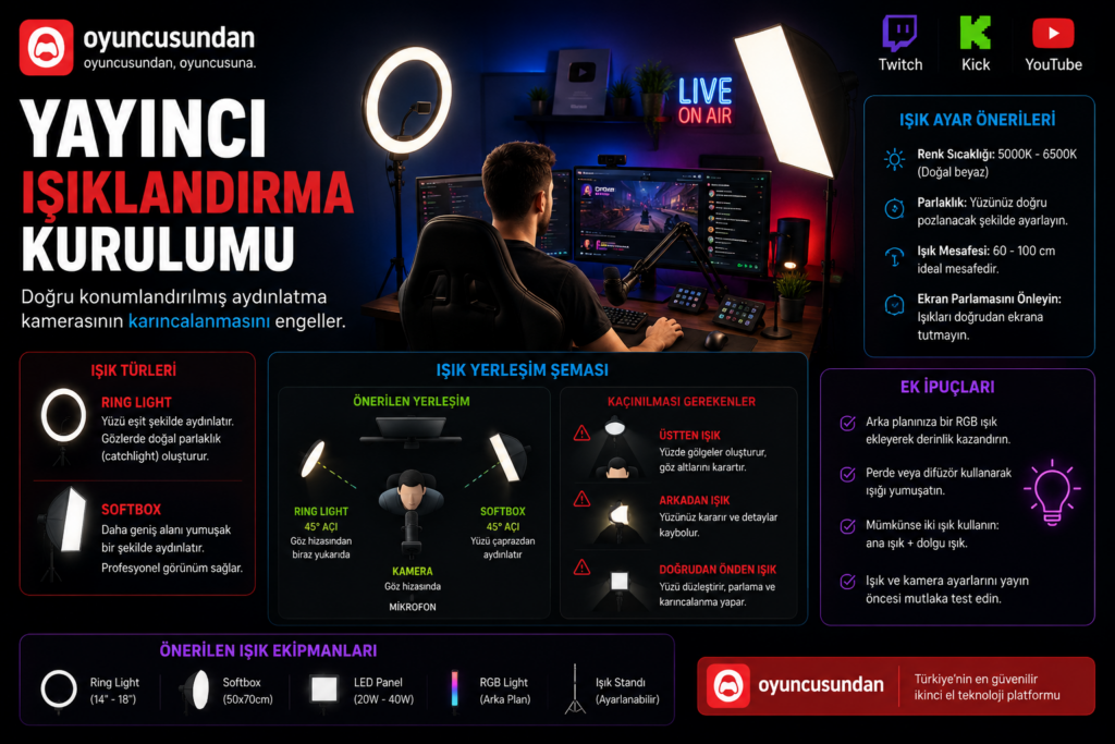 Ring light ve softbox ile yayıncı masası aydınlatma kurulumu
