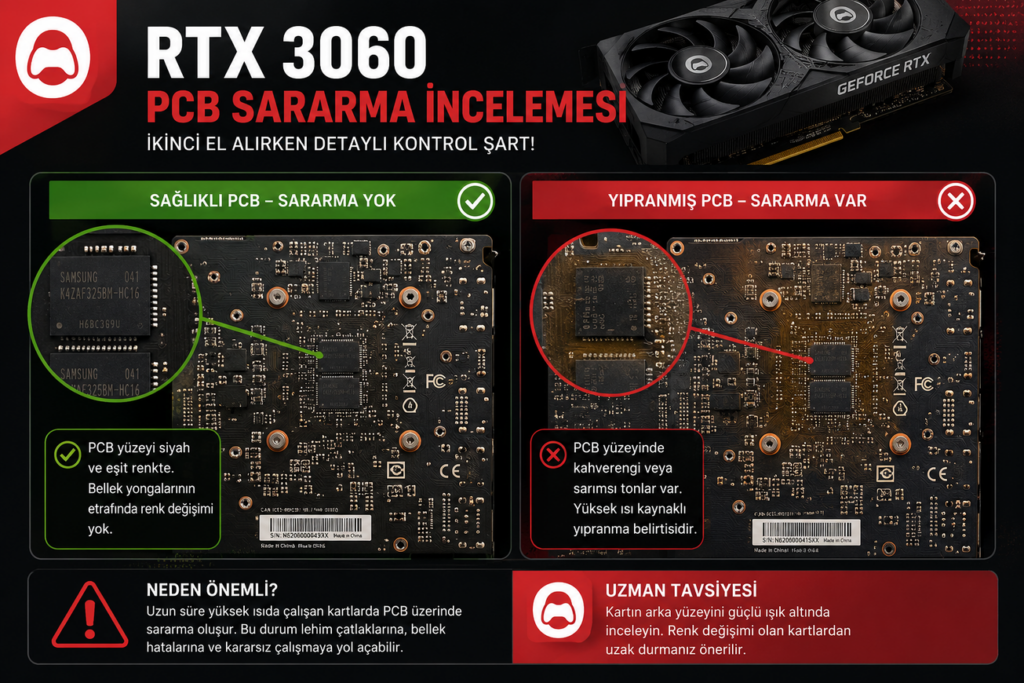 RTX 3060 ekran kartı PCB yüzeyi ve bellek yongaları sararma kontrolü