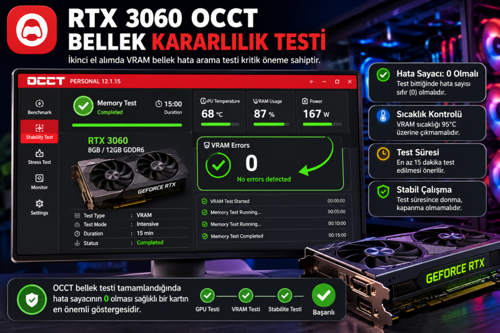 RTX 3060 OCCT VRAM bellek hata arama testi arayüzü