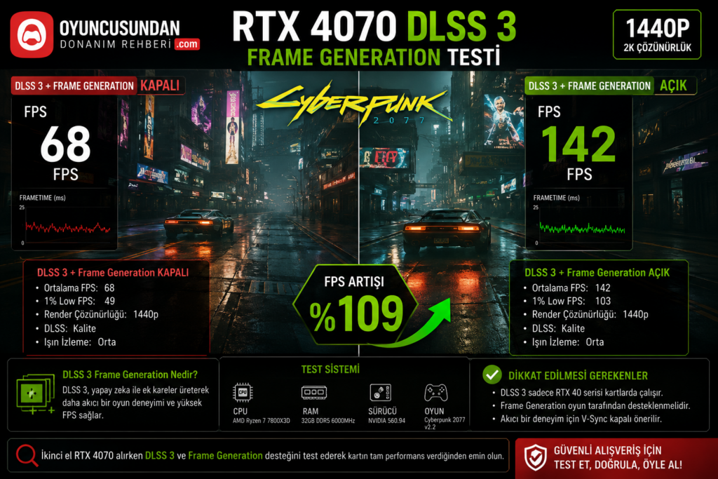 İkinci el RTX 4070 1440p Cyberpunk 2077 DLSS 3 Frame Generation FPS canlı karşılaştırma ekranı