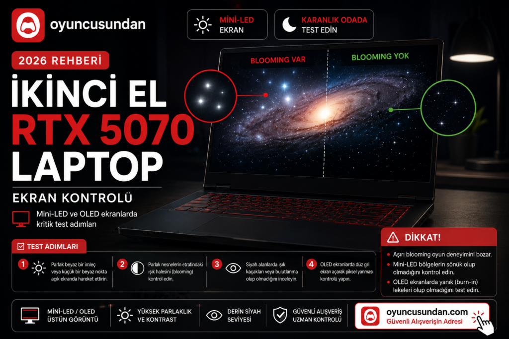 RTX 5070 laptop mini-LED kontrast blooming ekran testi