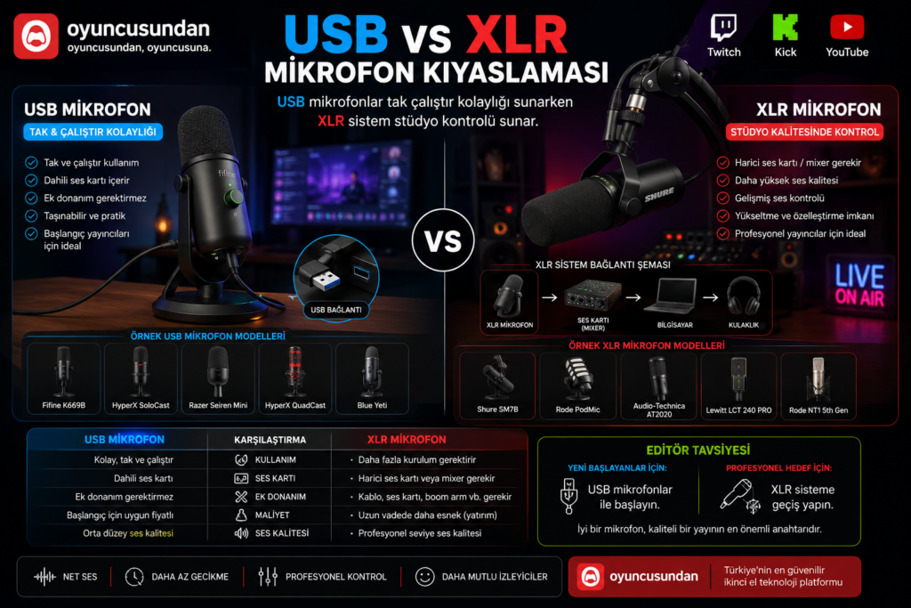 USB ve XLR mikrofonların bağlantı ve ses kalitesi karşılaştırması