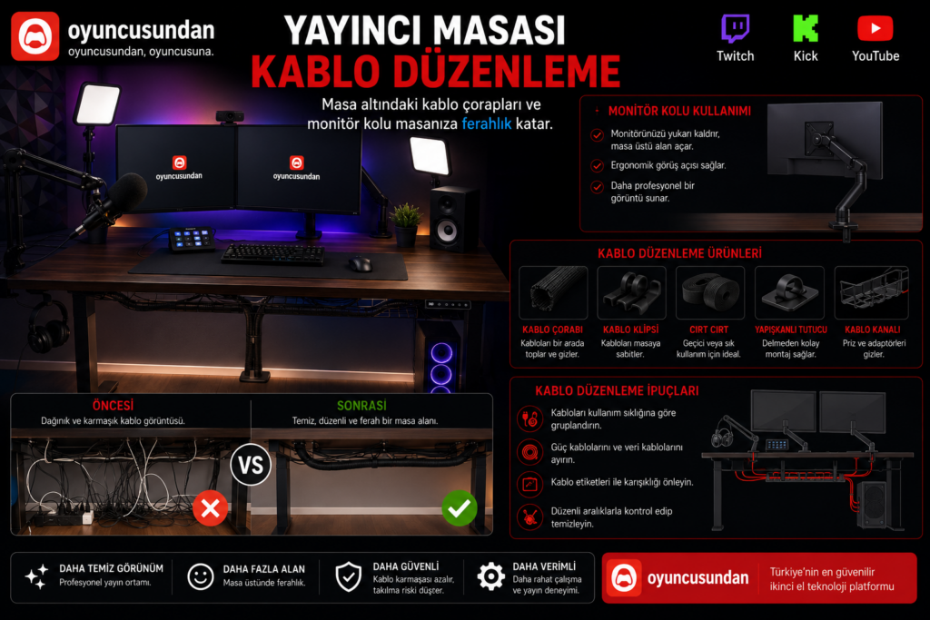 Yayıncı masası kablo düzenleyici çorap ve monitör kolu montajı