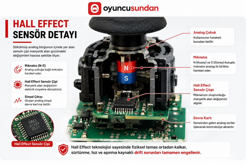 Joystick içindeki Hall Effect mıknatısları ve sensör çipi devre kartı