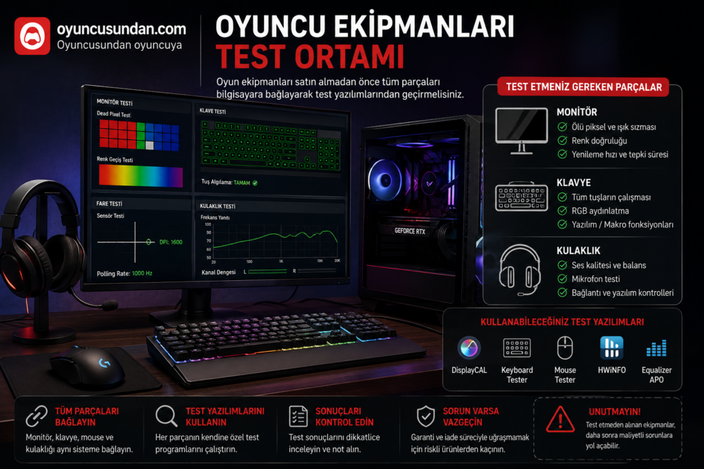 İkinci el monitör, klavye ve kulaklık donanım test ortamı