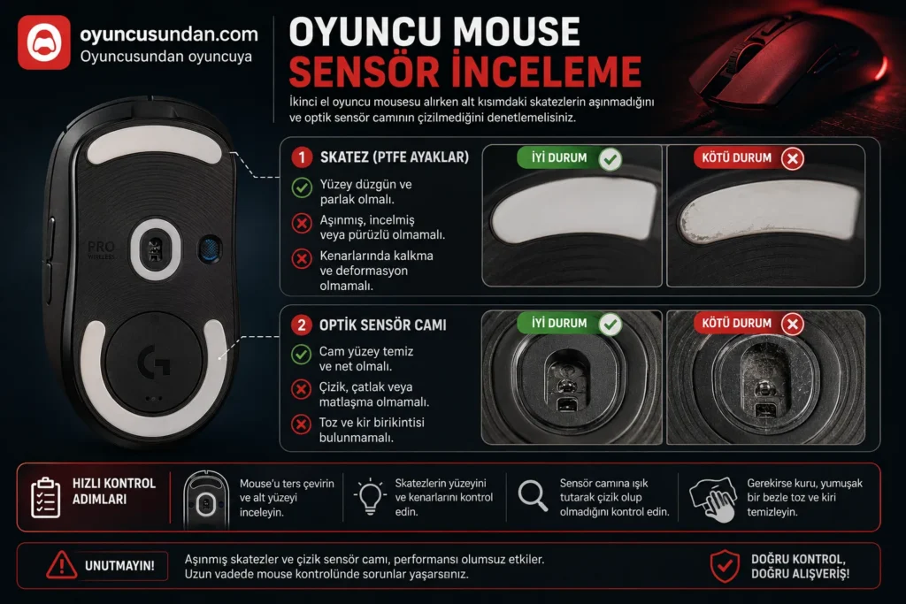 Oyuncu mousesu alt sensör ve skatez aşınma fiziksel kontrolü