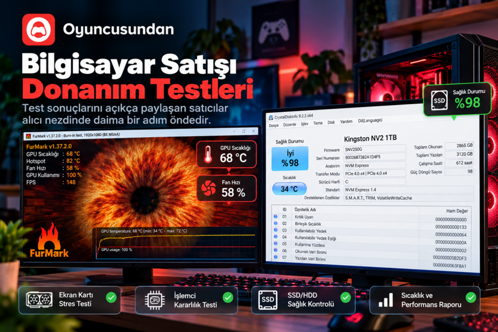 Bilgisayar satarken paylaşılması gereken FurMark stres testi ve CrystalDiskInfo sağlık ekranı
