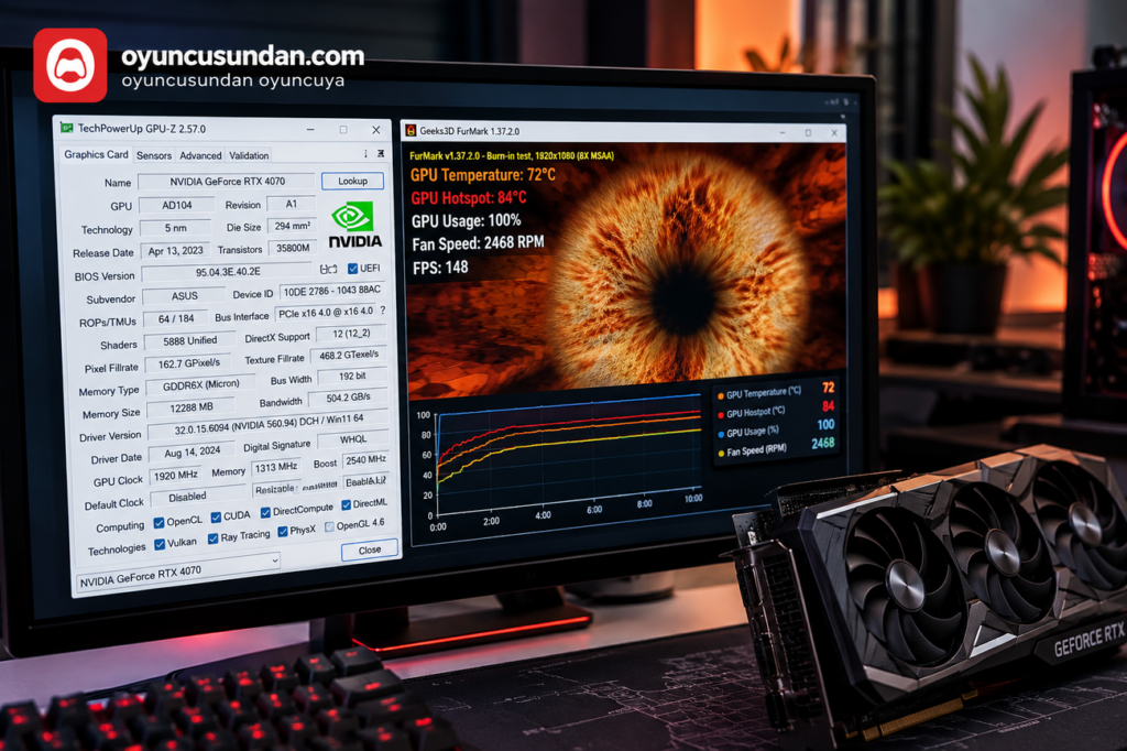 İkinci el ekran kartı satışında paylaşılması gereken GPU-Z ve FurMark sıcaklık test ekranı