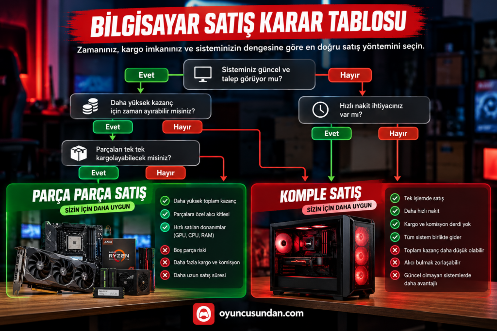 Bilgisayar satış yöntemi seçimi için komple satış ve parça satışı karar tablosu
