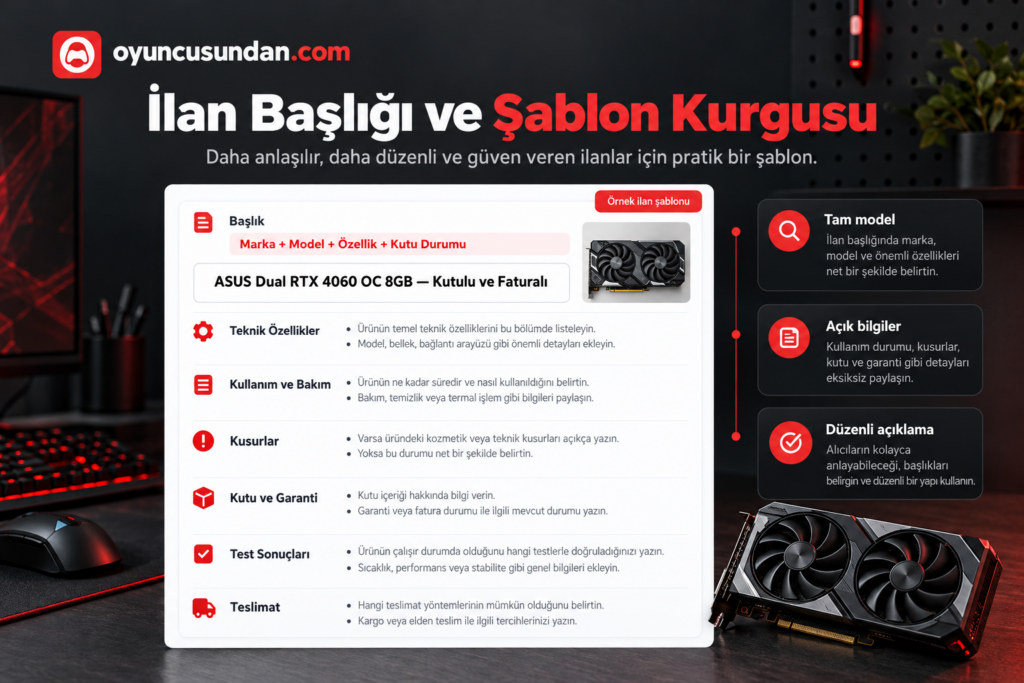 İkinci el donanım ilanında arama odaklı başlık ve açıklama şablonu yapısı