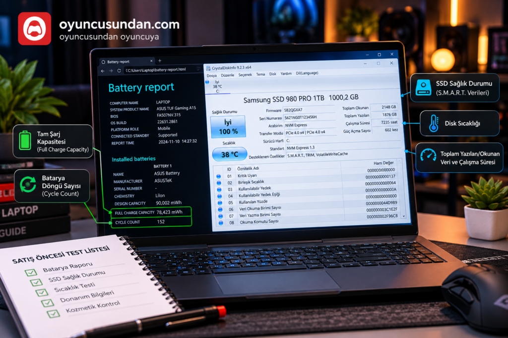 Laptop satışında batarya sağlık raporu ve CrystalDiskInfo disk durumu ekran görüntüsü